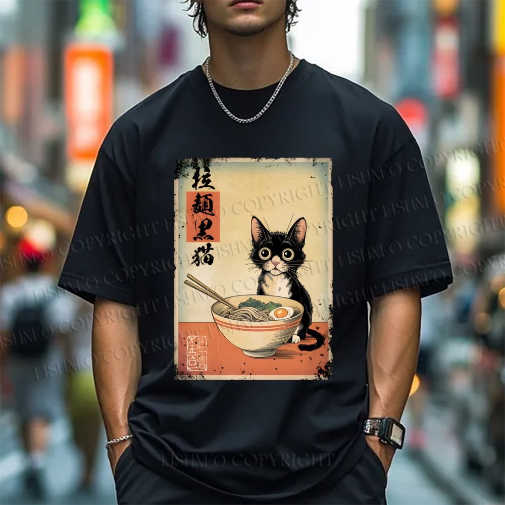 Unisex Classic Cotton Ramen Black Cat Printed T-shirt