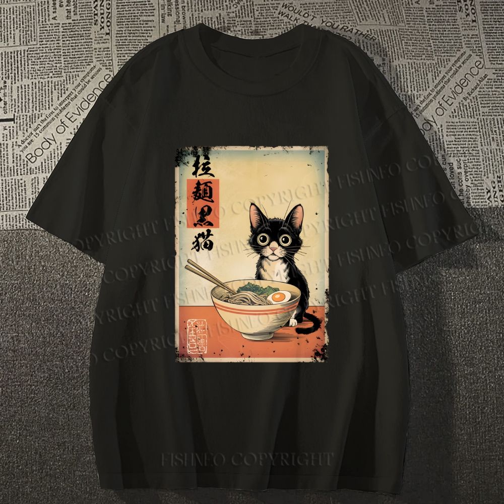 Unisex Classic Cotton Ramen Black Cat Printed T-shirt