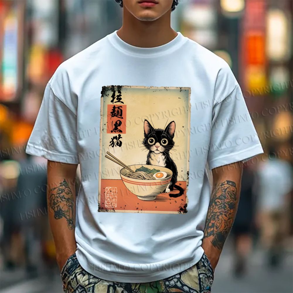 Unisex Classic Cotton Ramen Black Cat Printed T-shirt
