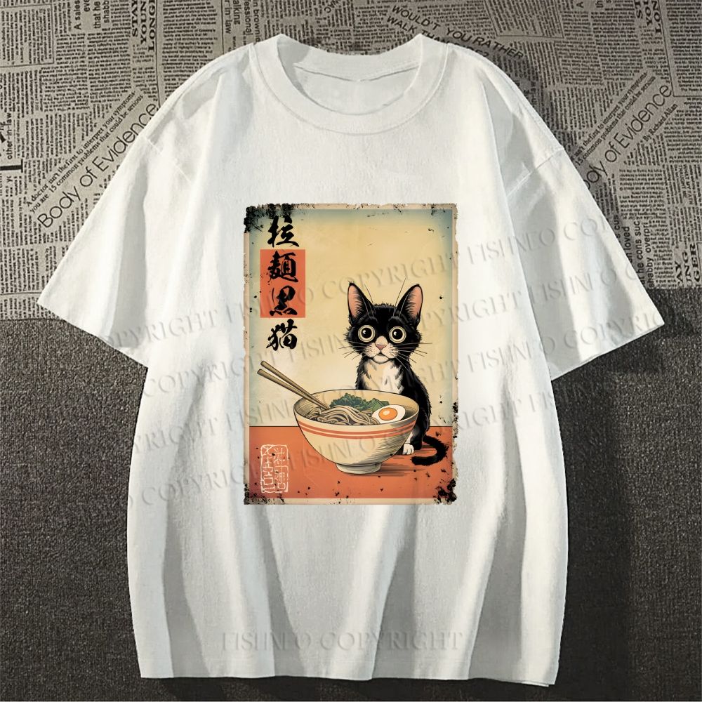 Unisex Classic Cotton Ramen Black Cat Printed T-shirt
