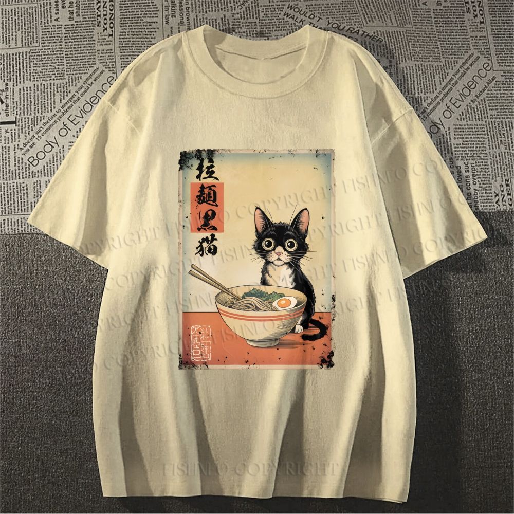 Unisex Classic Cotton Ramen Black Cat Printed T-shirt