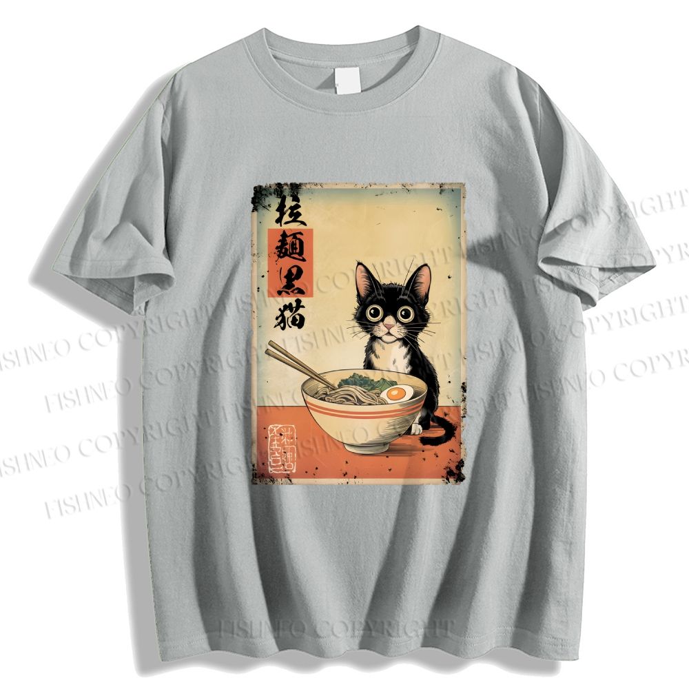 Unisex Classic Cotton Ramen Black Cat Printed T-shirt