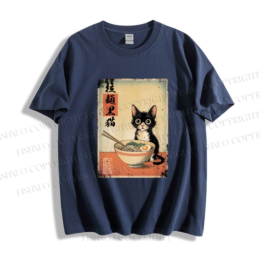 Unisex Classic Cotton Ramen Black Cat Printed T-shirt