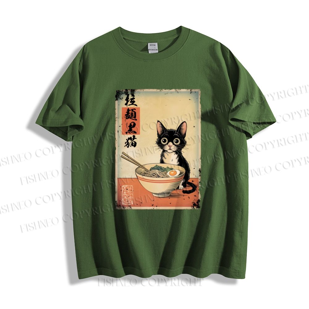 Unisex Classic Cotton Ramen Black Cat Printed T-shirt