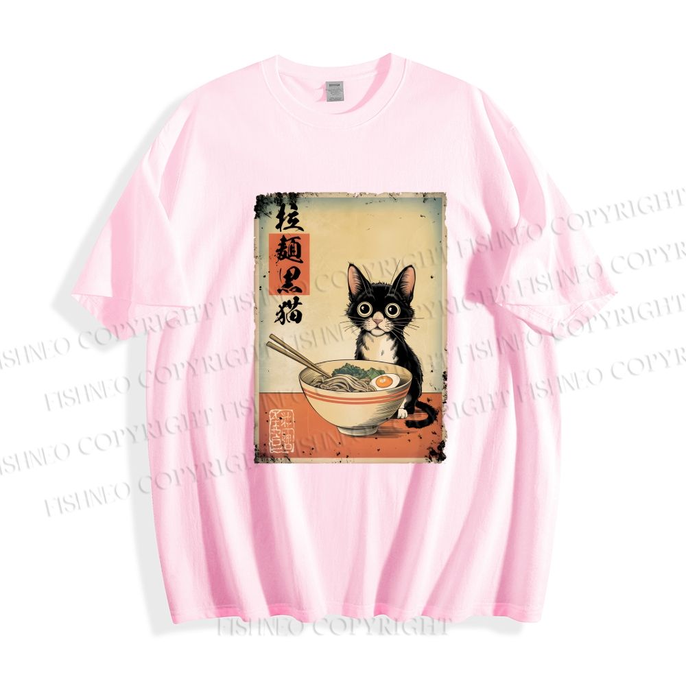 Unisex Classic Cotton Ramen Black Cat Printed T-shirt