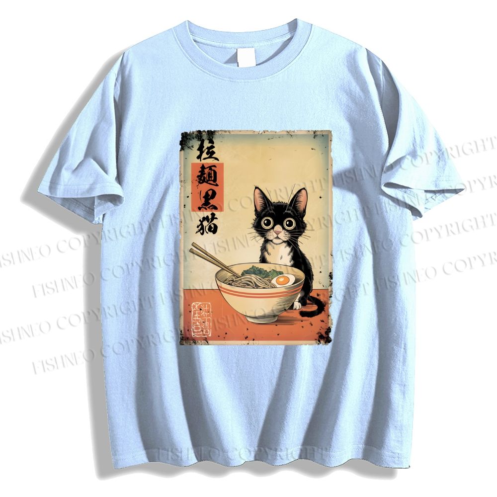 Unisex Classic Cotton Ramen Black Cat Printed T-shirt