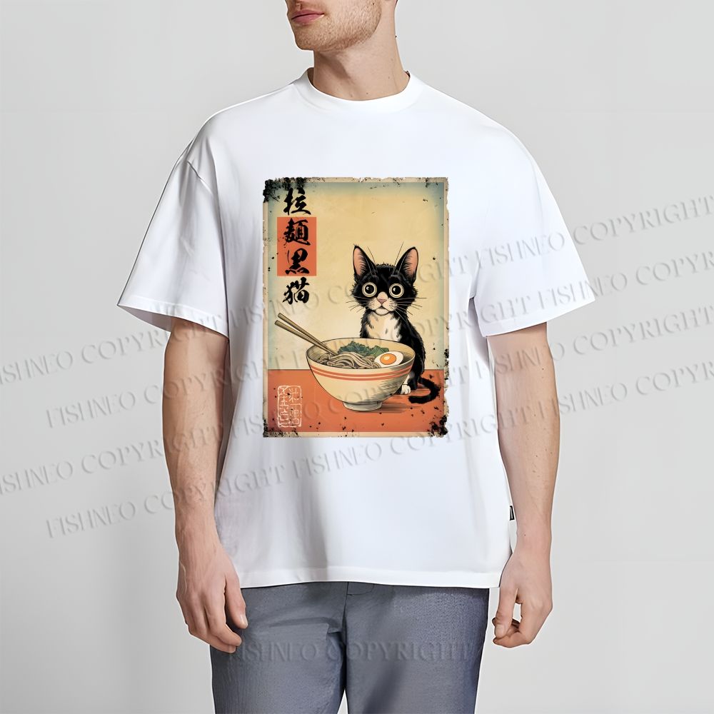 Unisex Classic Cotton Ramen Black Cat Printed T-shirt