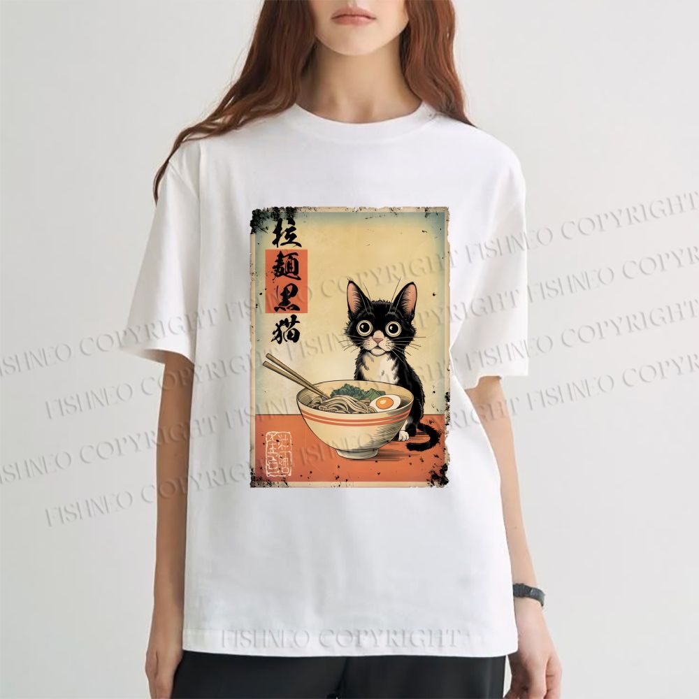 Unisex Classic Cotton Ramen Black Cat Printed T-shirt