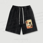 Ramen Black Cat Printed Washed Vintage Shorts