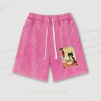 Ramen Black Cat Printed Washed Vintage Shorts