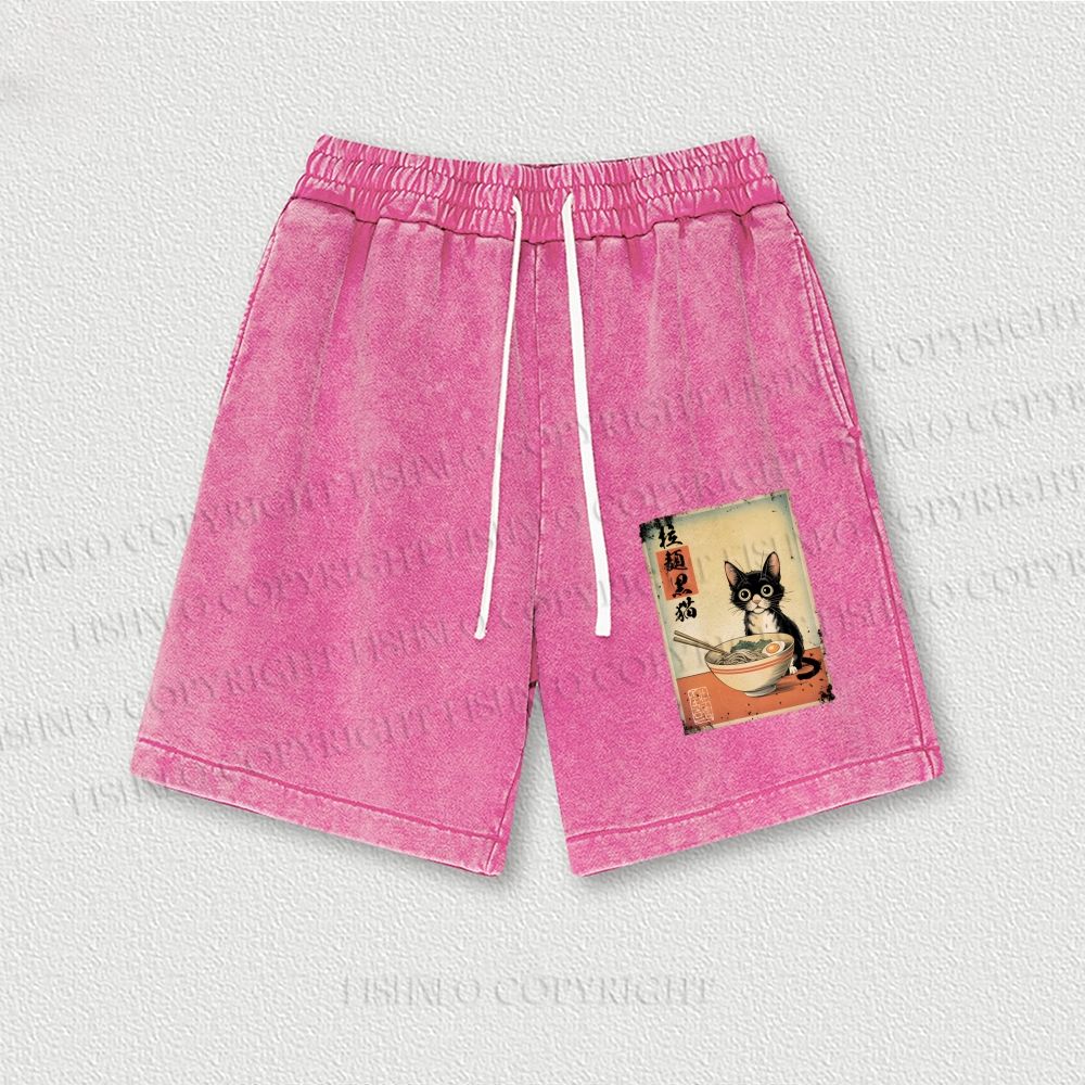 Ramen Black Cat Printed Washed Vintage Shorts