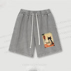 Ramen Black Cat Printed Washed Vintage Shorts