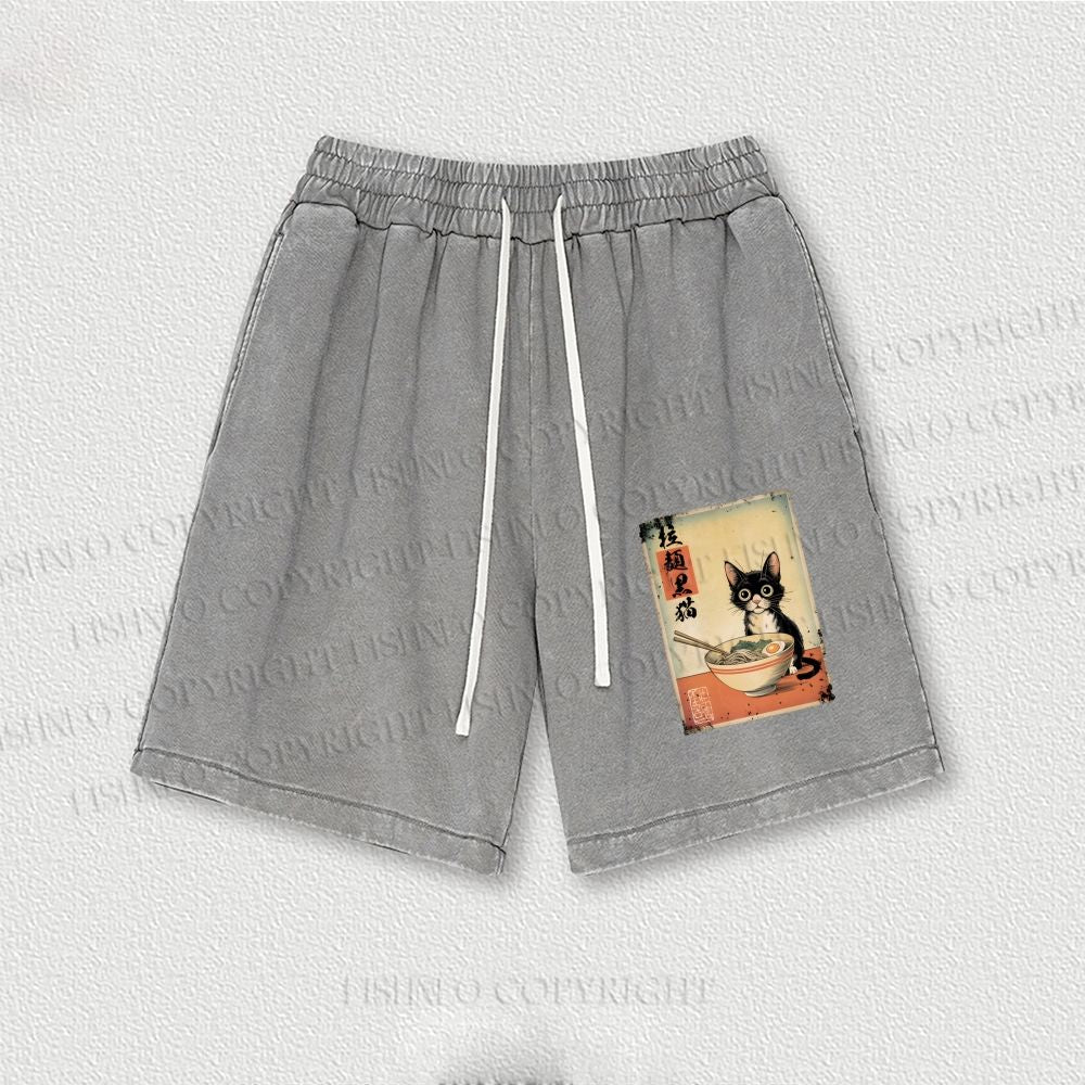 Ramen Black Cat Printed Washed Vintage Shorts