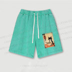 Ramen Black Cat Printed Washed Vintage Shorts