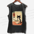Unisex Ramen Black Cat Printed Washed Tank Top
