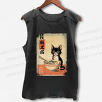 Unisex Ramen Black Cat Printed Washed Tank Top