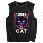 Unisex Danger Cat Printed Washed Tank Top