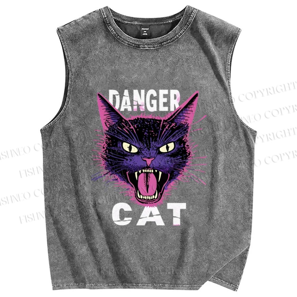 Unisex Danger Cat Printed Washed Tank Top