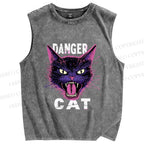 Unisex Danger Cat Printed Washed Tank Top