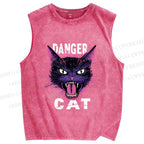 Unisex Danger Cat Printed Washed Tank Top