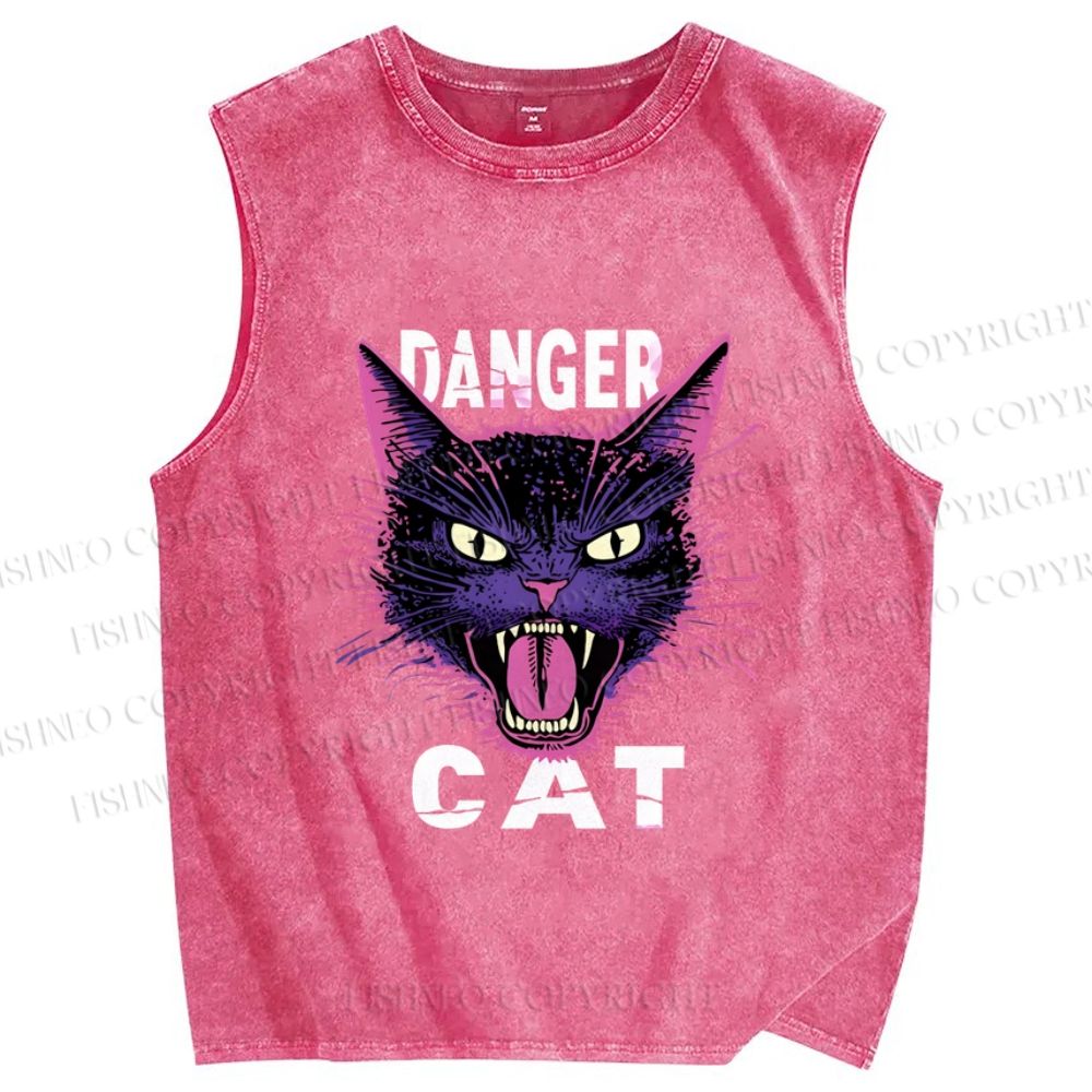 Unisex Danger Cat Printed Washed Tank Top