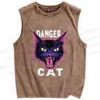 Unisex Danger Cat Printed Washed Tank Top