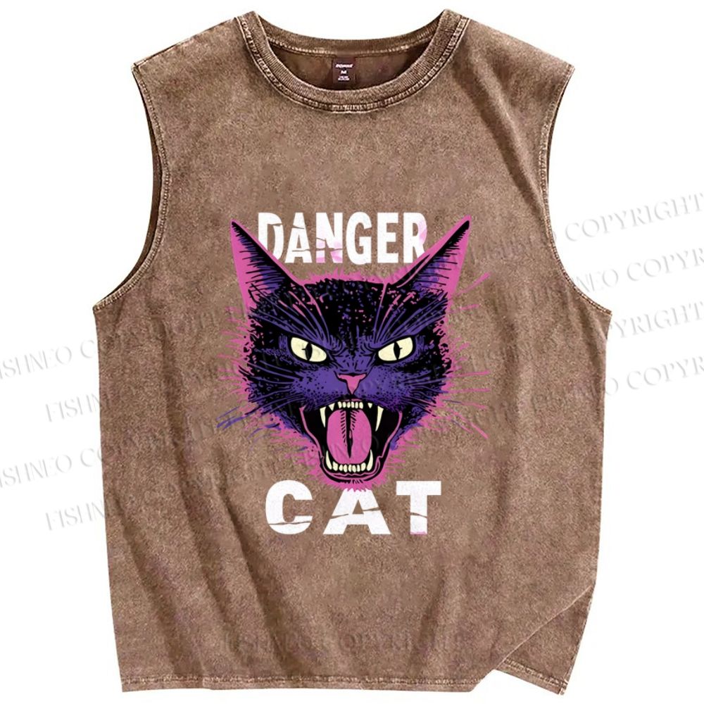 Unisex Danger Cat Printed Washed Tank Top