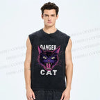 Unisex Danger Cat Printed Washed Tank Top
