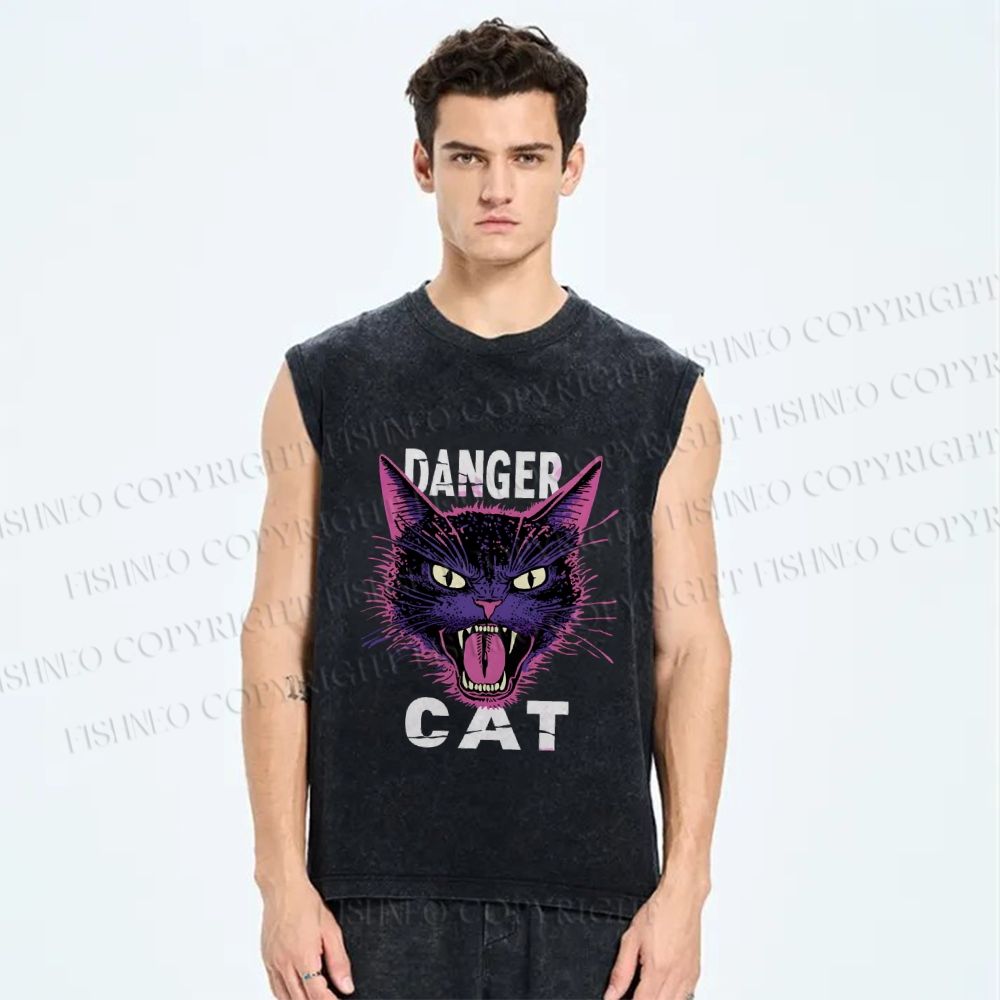 Unisex Danger Cat Printed Washed Tank Top