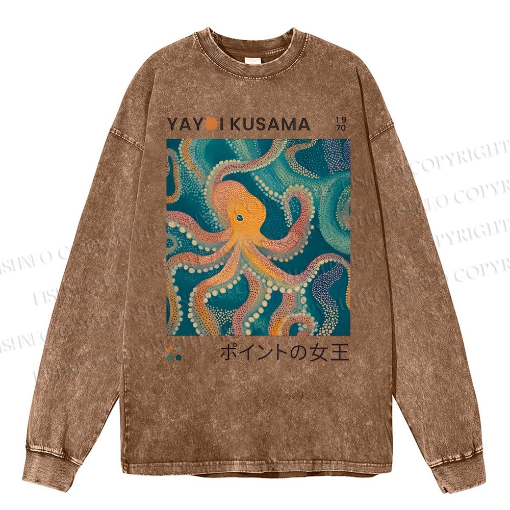 Unisex Casual Washed Yayoi Kusama Octopus Printed Long Sleeve T-shirt