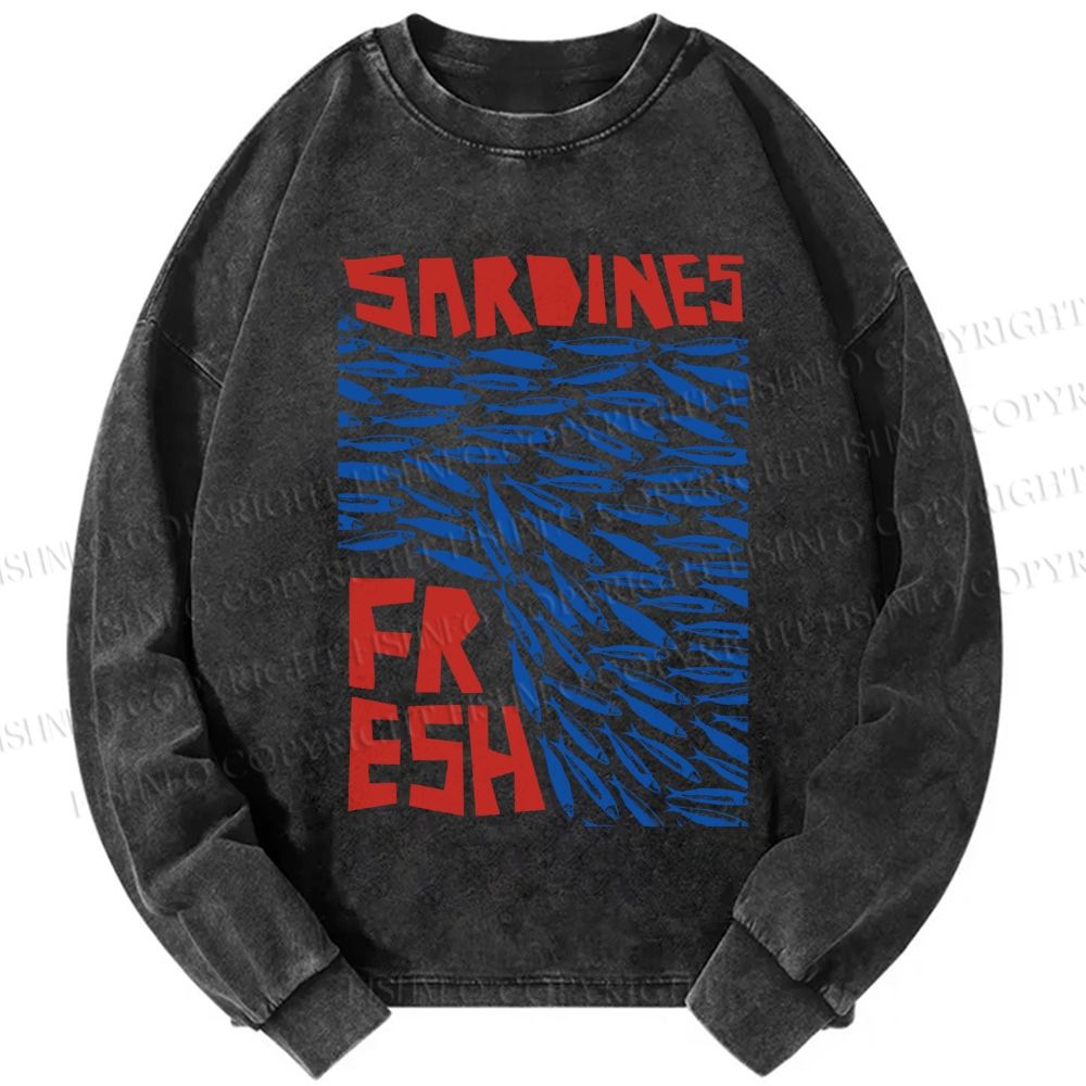 Unisex Casual Washed Fresh Sardines Fish Printed Long Sleeve T-shirt