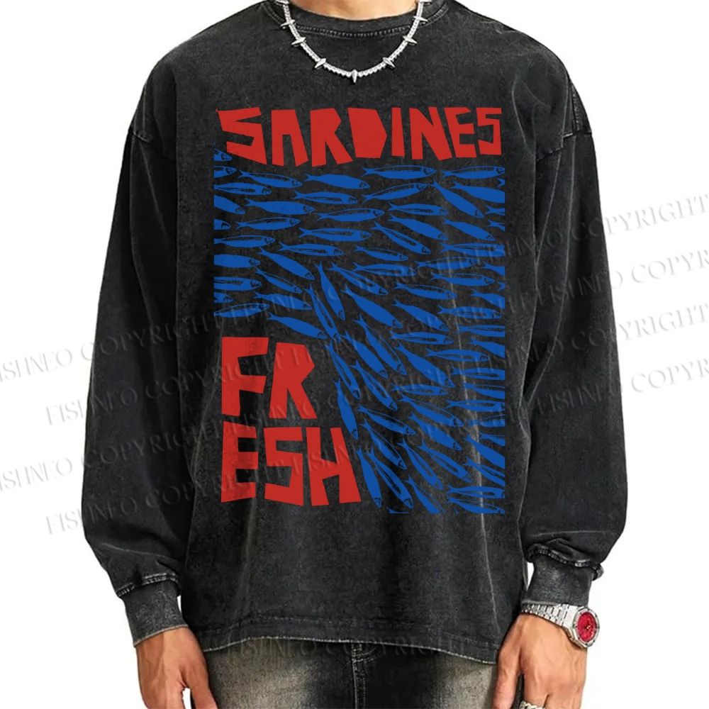 Unisex Casual Washed Fresh Sardines Fish Printed Long Sleeve T-shirt