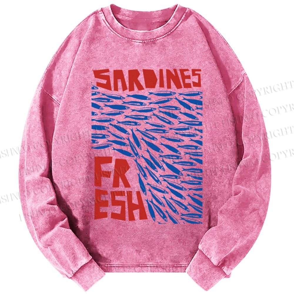 Unisex Casual Washed Fresh Sardines Fish Printed Long Sleeve T-shirt