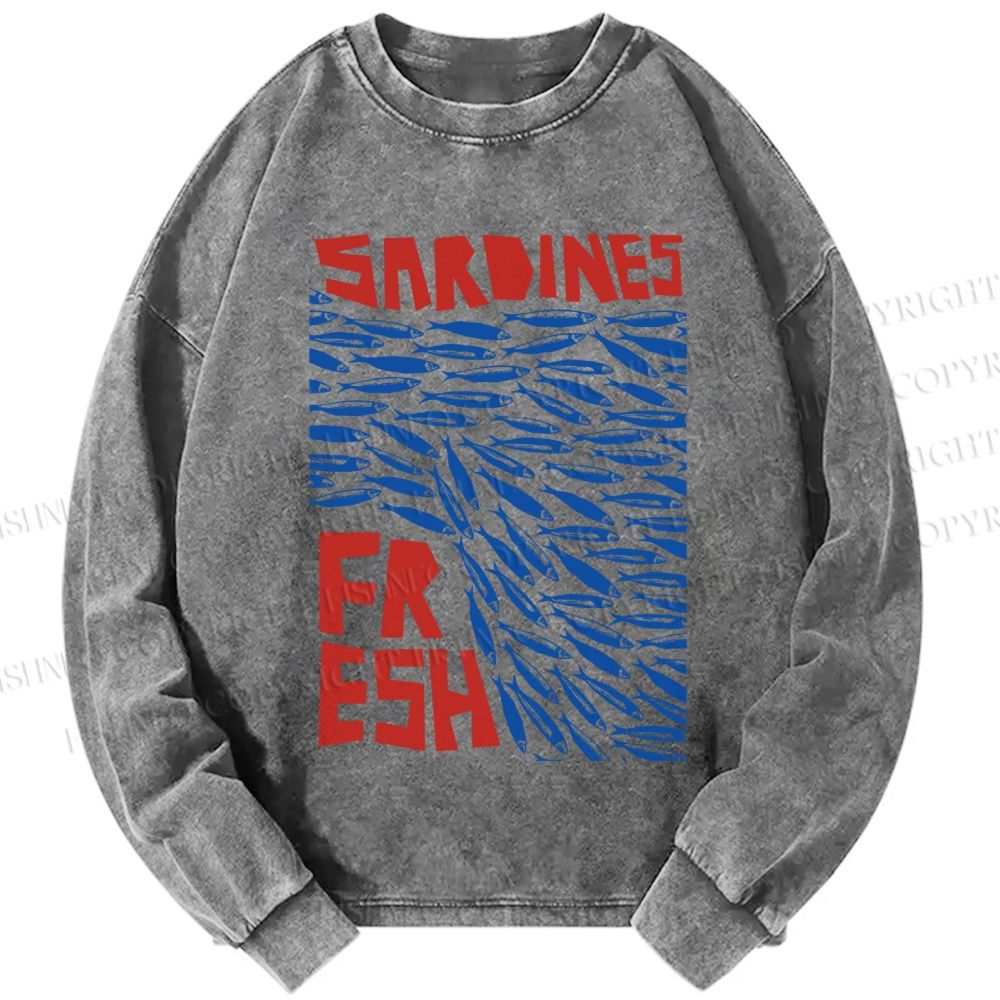 Unisex Casual Washed Fresh Sardines Fish Printed Long Sleeve T-shirt