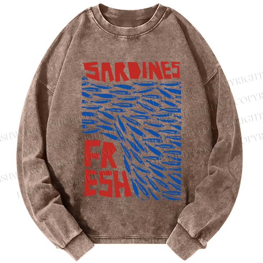 Unisex Casual Washed Fresh Sardines Fish Printed Long Sleeve T-shirt