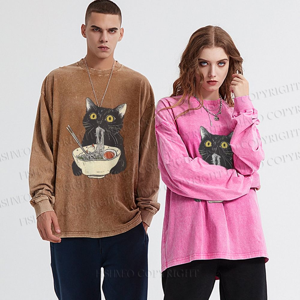 Unisex Casual Washed Vintage Cat Having Noodle Printed Long Sleeve T-shirt