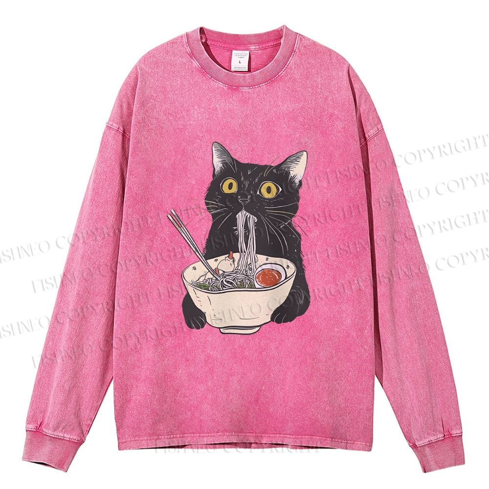 Unisex Casual Washed Vintage Cat Having Noodle Printed Long Sleeve T-shirt