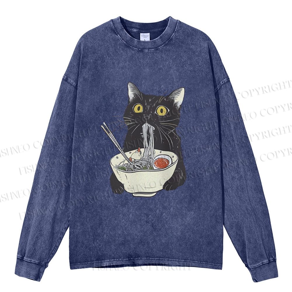 Unisex Casual Washed Vintage Cat Having Noodle Printed Long Sleeve T-shirt