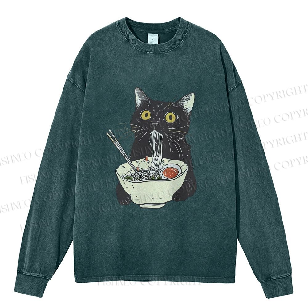 Unisex Casual Washed Vintage Cat Having Noodle Printed Long Sleeve T-shirt