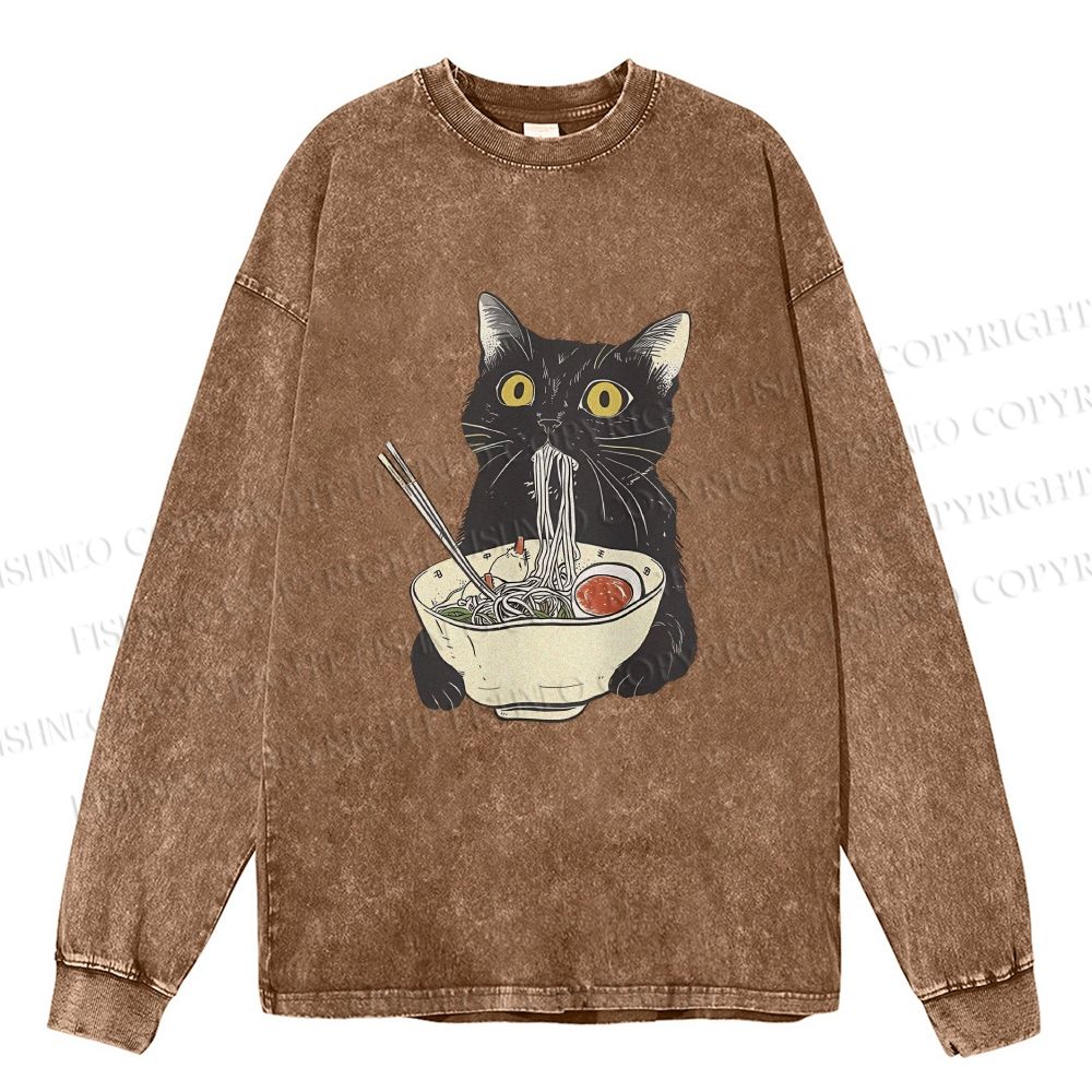 Unisex Casual Washed Vintage Cat Having Noodle Printed Long Sleeve T-shirt