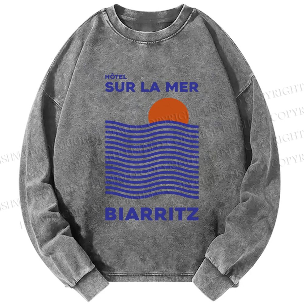 Unisex Casual Washed Sea Wave Printed Long Sleeve T-shirt