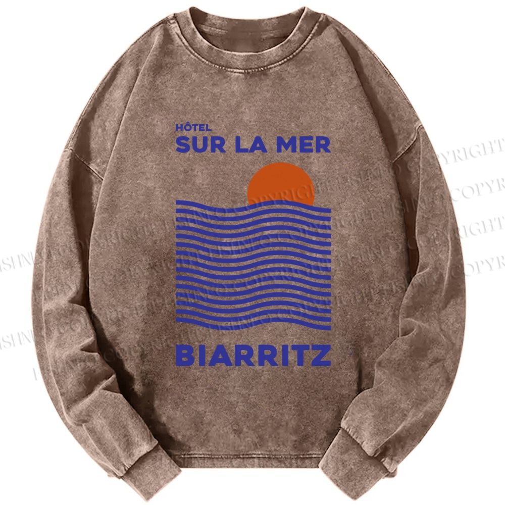 Unisex Casual Washed Sea Wave Printed Long Sleeve T-shirt