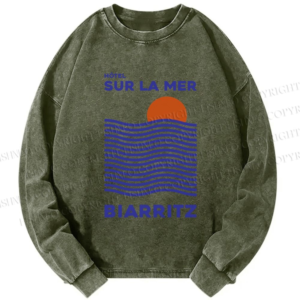 Unisex Casual Washed Sea Wave Printed Long Sleeve T-shirt