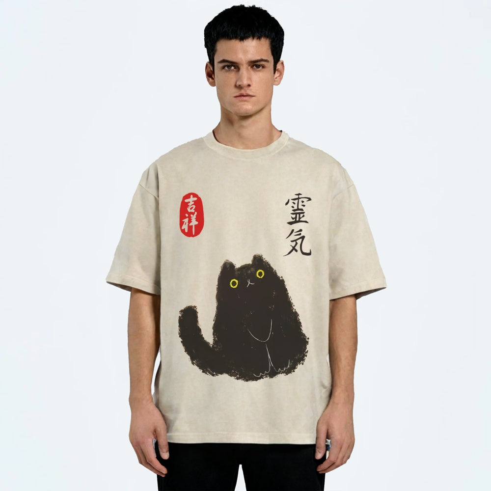 Lucky Cat Black Cat Vintage Wash Japanese Design T-Shirt