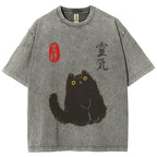 Lucky Cat Black Cat Vintage Wash Japanese Design T-Shirt