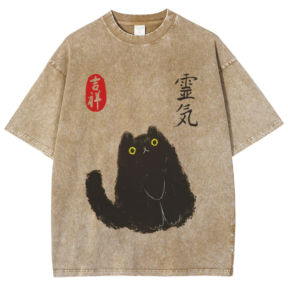 Lucky Cat Black Cat Vintage Wash Japanese Design T-Shirt