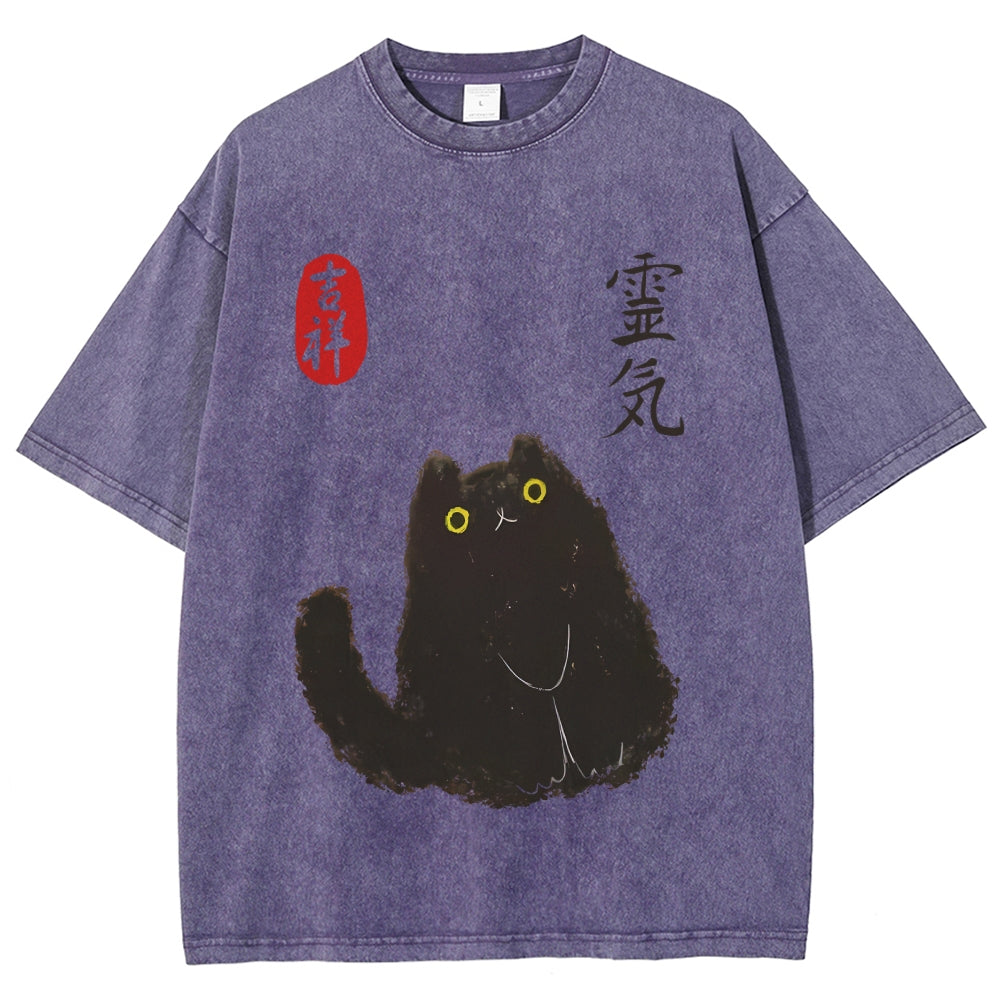 Lucky Cat Black Cat Vintage Wash Japanese Design T-Shirt