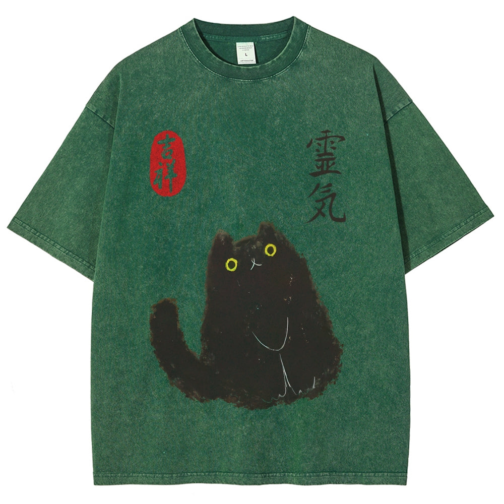 Lucky Cat Black Cat Vintage Wash Japanese Design T-Shirt