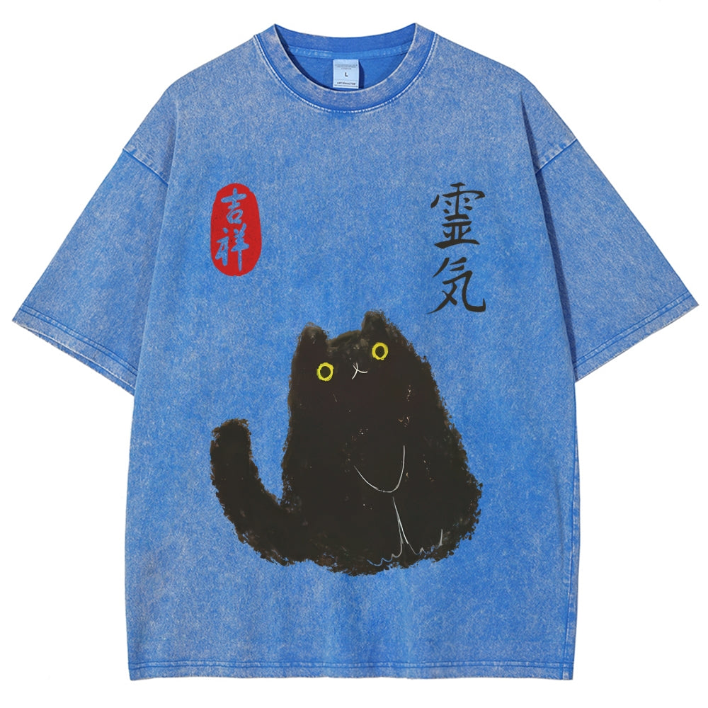 Lucky Cat Black Cat Vintage Wash Japanese Design T-Shirt