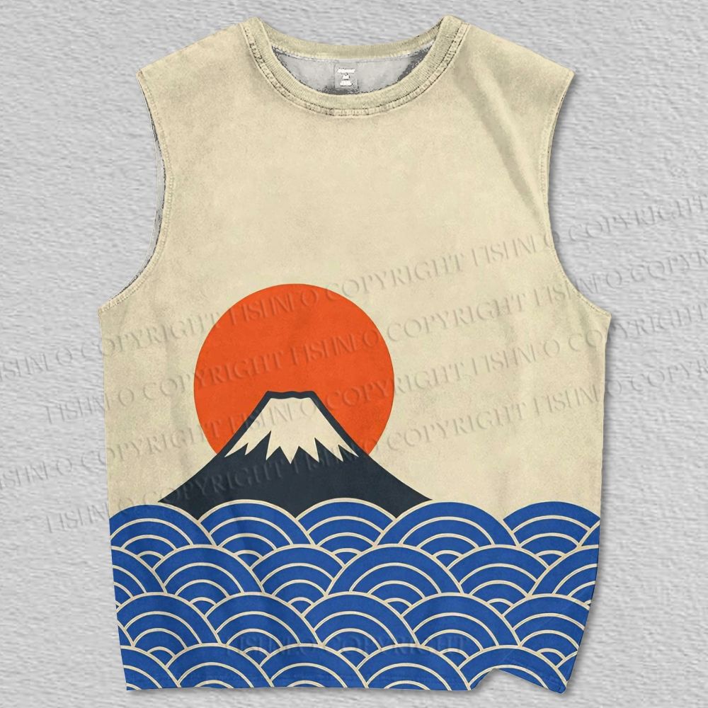 Unisex Japanese Wave Mount Fuji Printed Tank Top